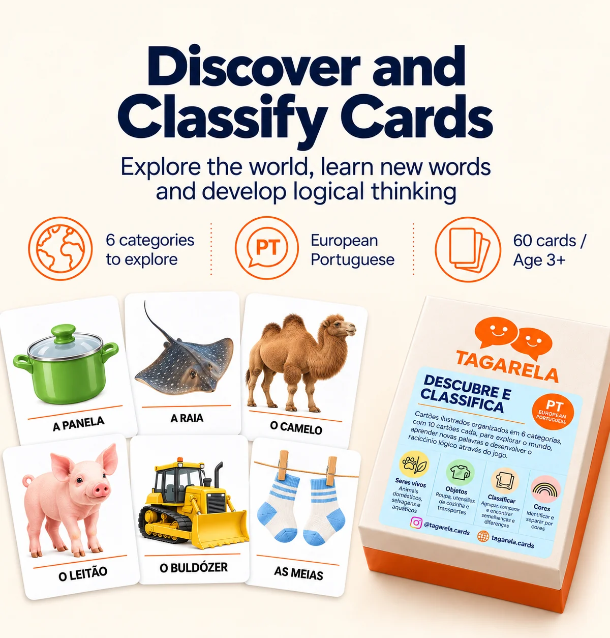 Discover and Classify Cards — illustrated vocabulary cards and Tagarela box